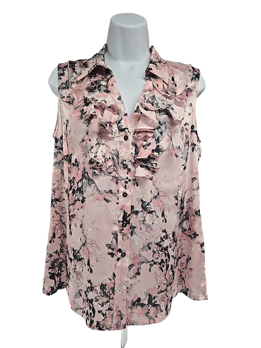 Tahari Womens Blouse Ruffle Sleeveless Button Top Pink Black Size Petite M
